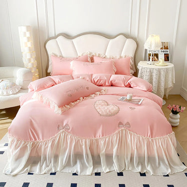 Pink Love Embroidery Korean Style Girls Wedding Washed Cotton Duvet Cover Bedding Set